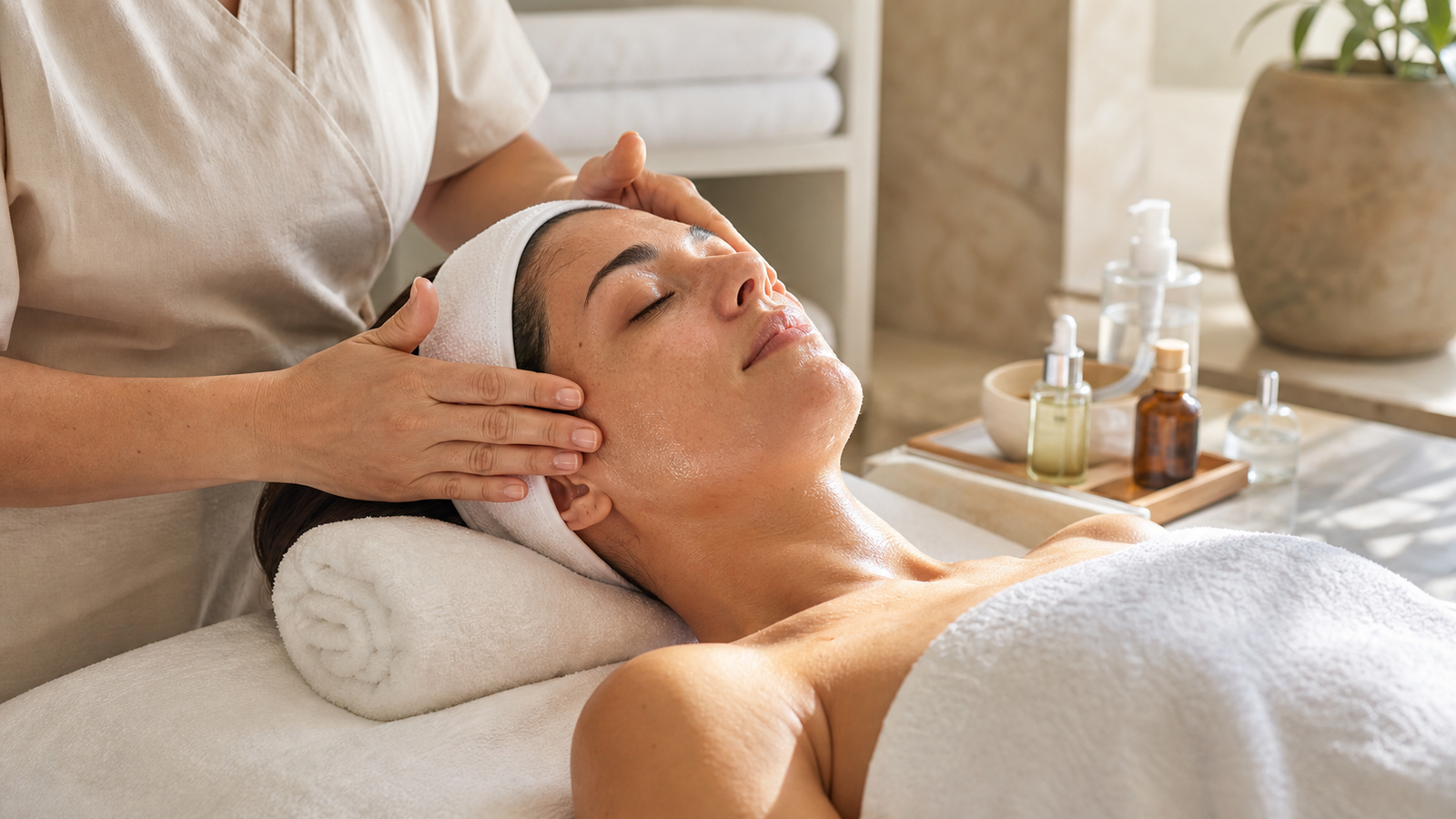 Premium hydrating facial treatment with gentle esthetician hand placement and natural skin texture