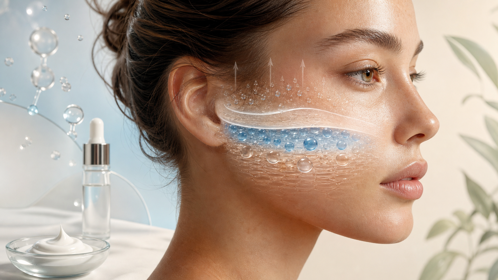 Educational illustration of dehydrated facial skin showing water retention and barrier layers