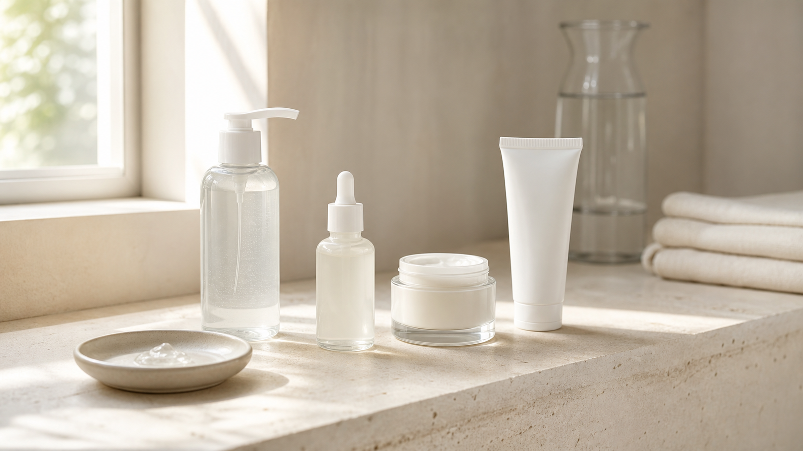 Gentle cleanser, hydrating serum, moisturiser, and sunscreen for dehydrated skin