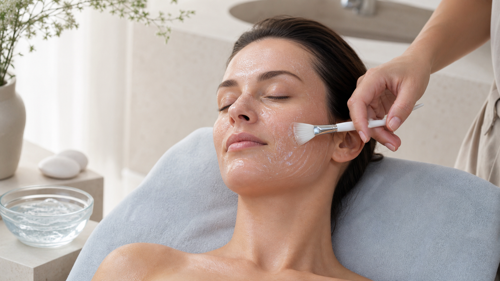 Esthetician applying a clear hydrating gel mask during a premium facial