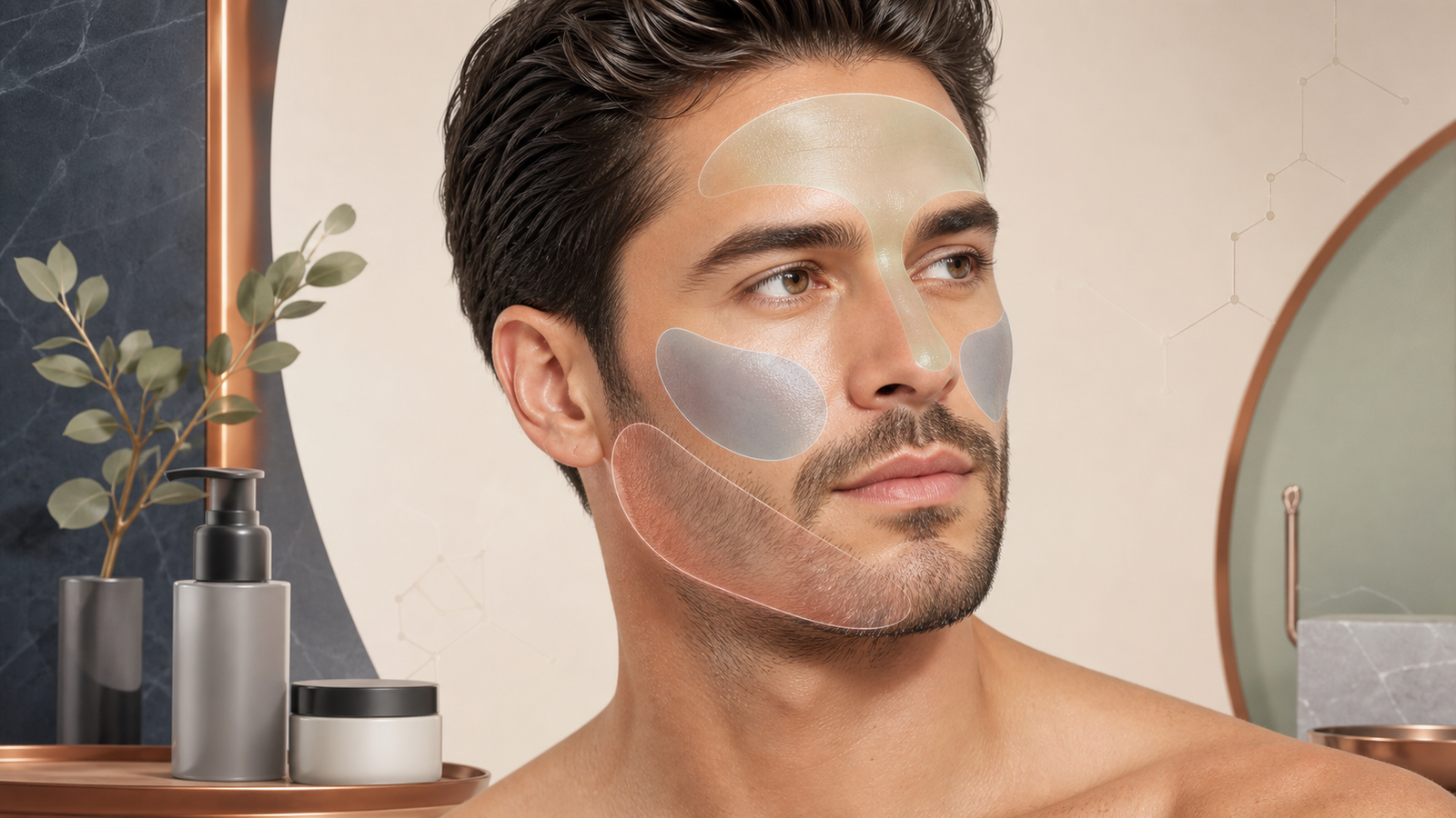 Educational illustration of a man facial skin map showing shaving, oil, hydration, and barrier zones