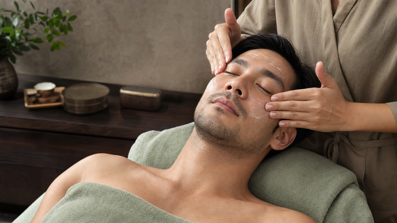Adult man with short beard stubble receiving a gentle premium facial treatment