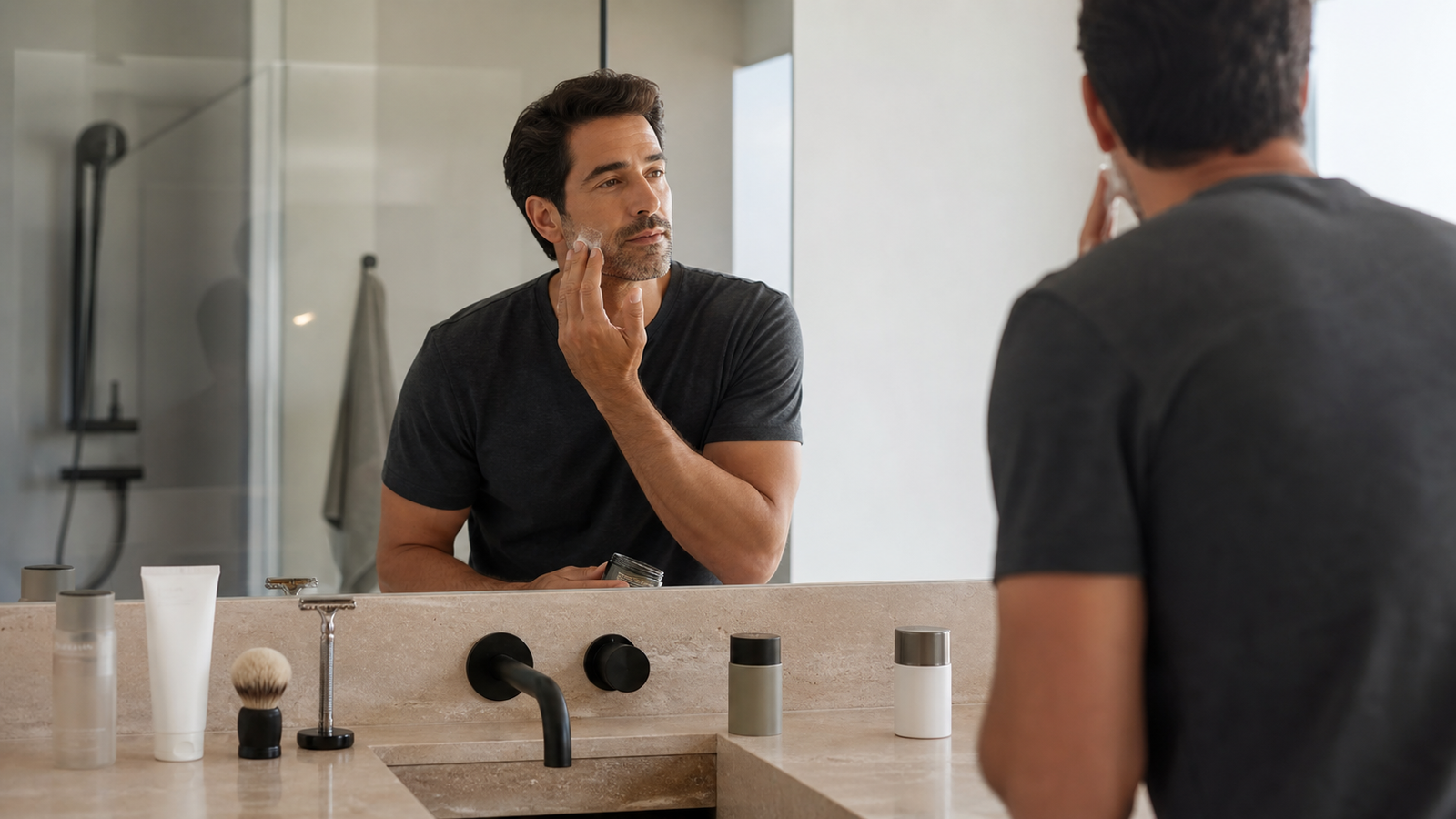 Man applying moisturiser after shaving in a simple premium grooming routine
