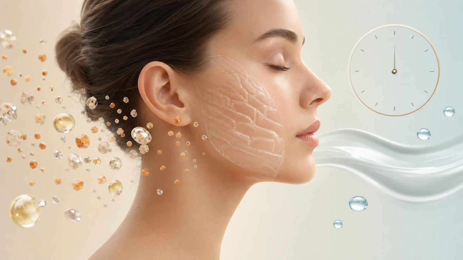 Educational illustration of exfoliation particles, skin barrier recovery, and waiting time before a facial