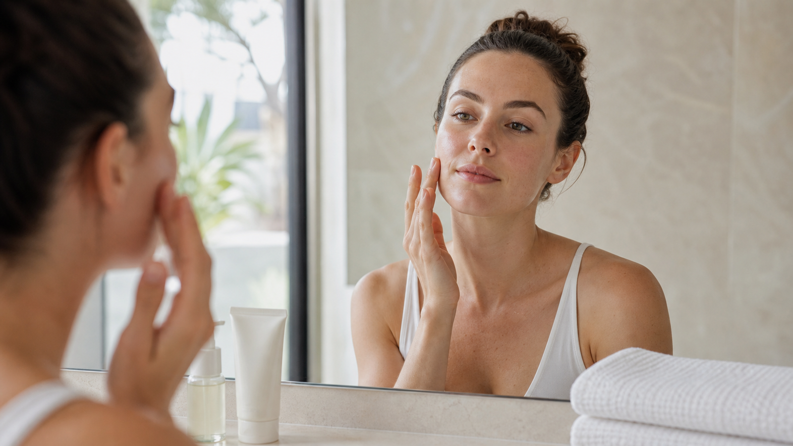 Woman gently applying moisturiser during a simple morning facial aftercare routine