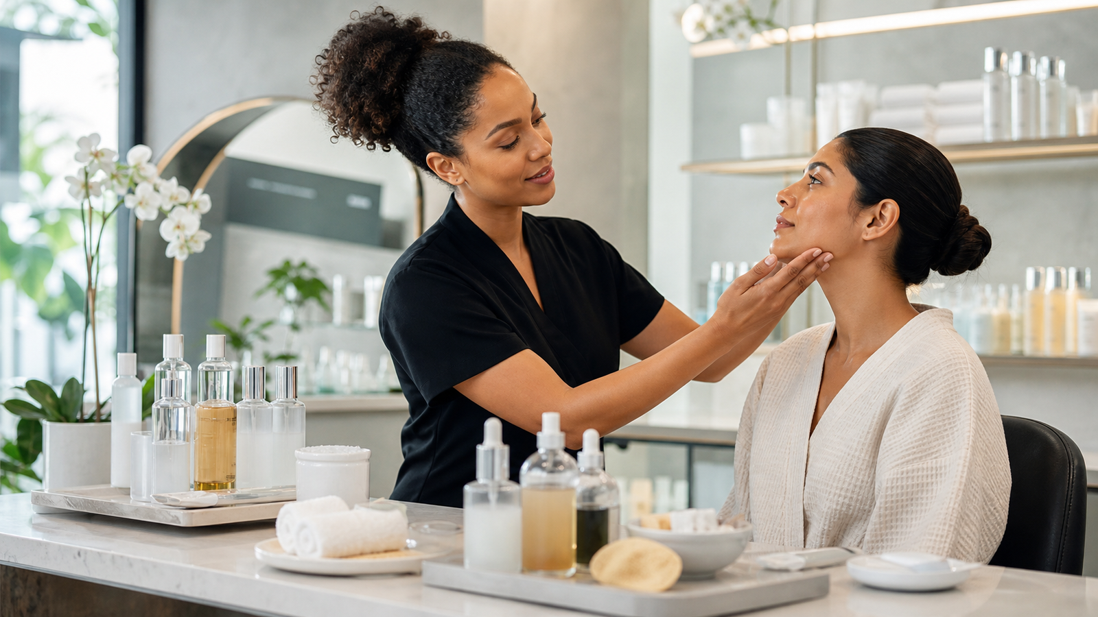 Premium facial bar skincare consultation with esthetician and client in a calm treatment studio