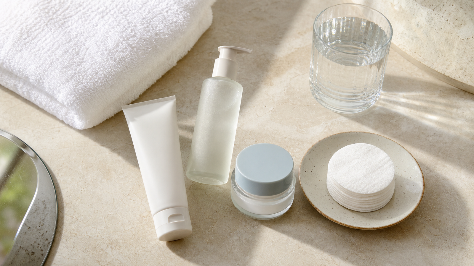 Gentle cleanser, moisturiser, sunscreen, and cotton pads for acne-prone facial aftercare