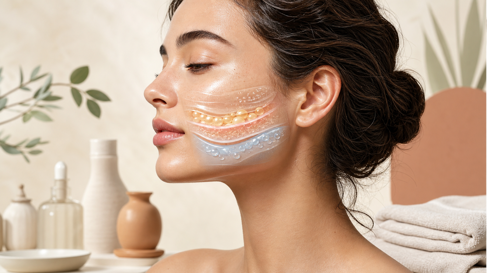 Educational illustration of acne-prone facial skin showing hydration, congestion, and barrier layers