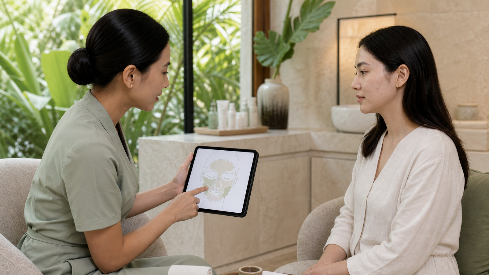Esthetician consulting an adult client about an acne-prone skin facial in a premium spa