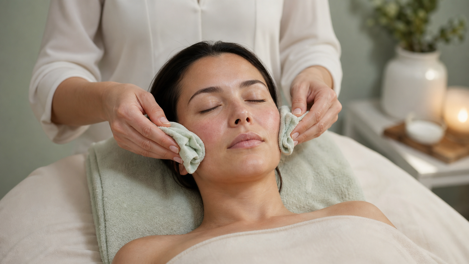 Esthetician applying cool soft compresses during a gentle facial for redness-prone skin