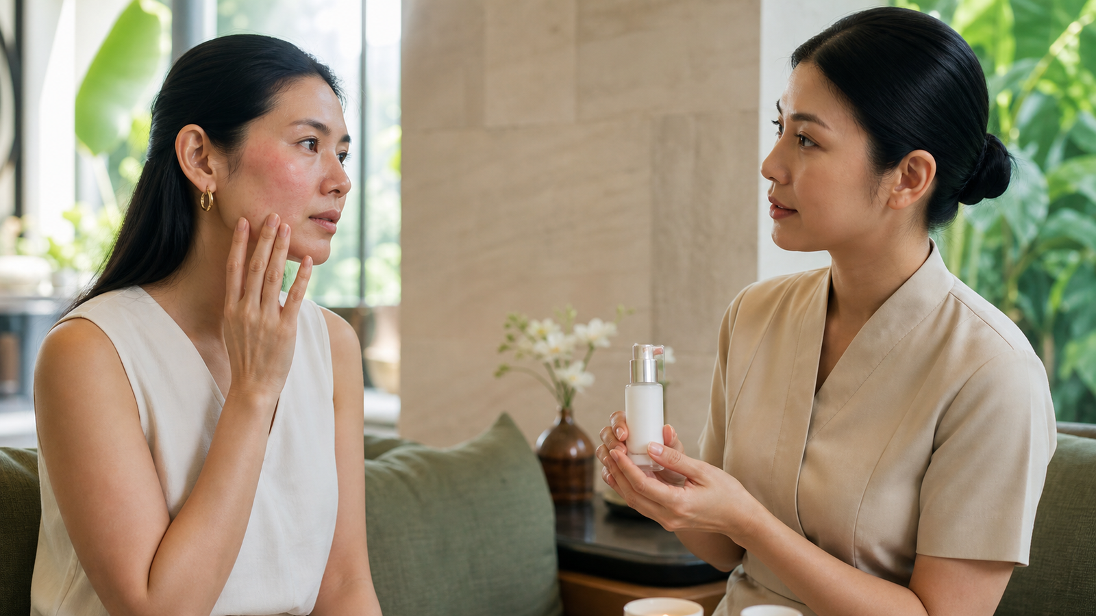 Client discussing facial redness with an esthetician in a premium spa consultation