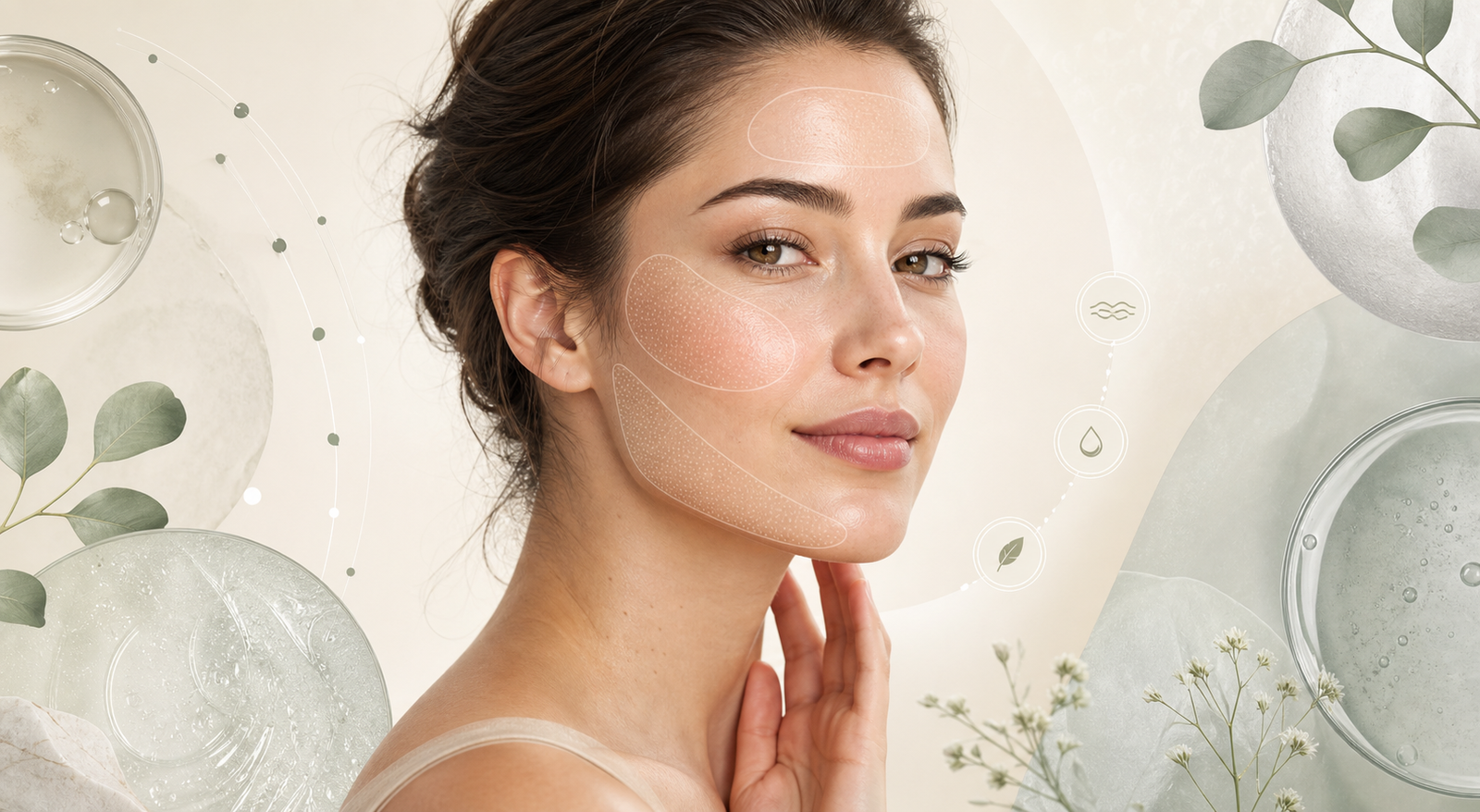 Educational facial illustration showing calm barrier zones, hydration support, and comfort-first treatment planning for sensitive skin