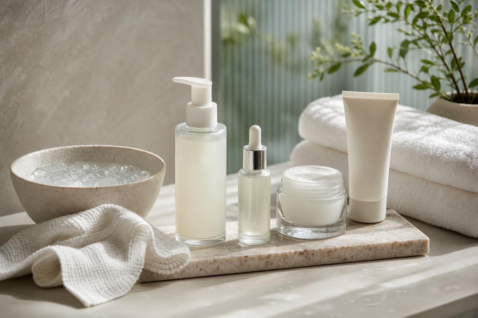 Sensitive-skin recovery routine with gentle cleanser, fragrance-free serum, moisturizer, sunscreen, and cooling compress setup