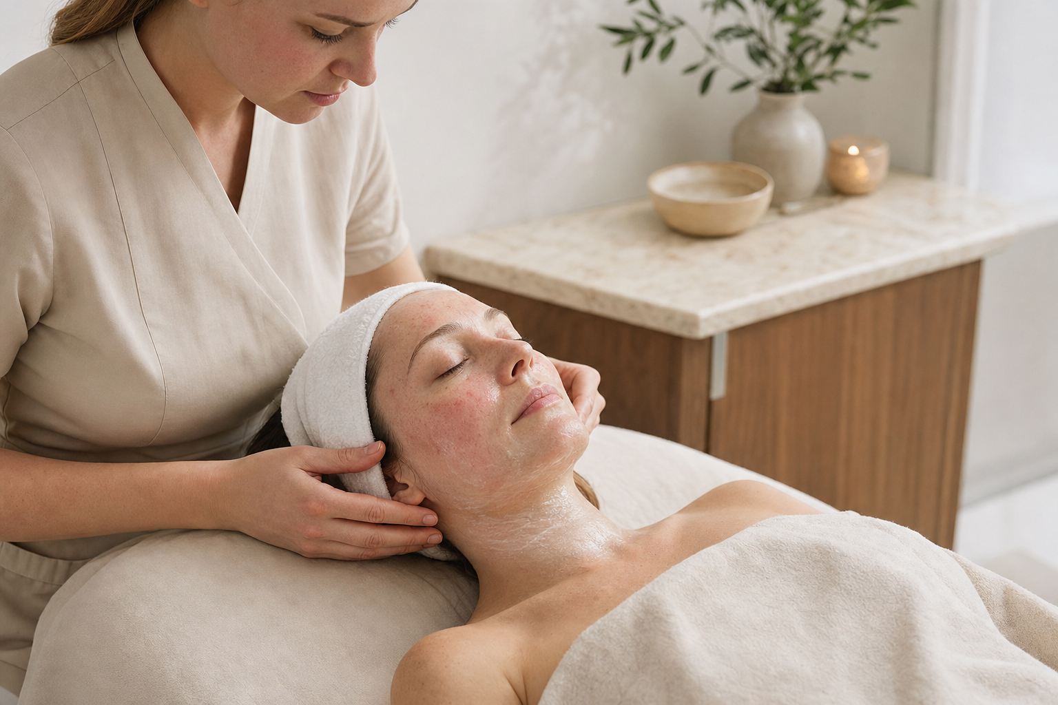Premium gentle facial for sensitive skin with soothing hand placement and a calm barrier-respecting treatment setup