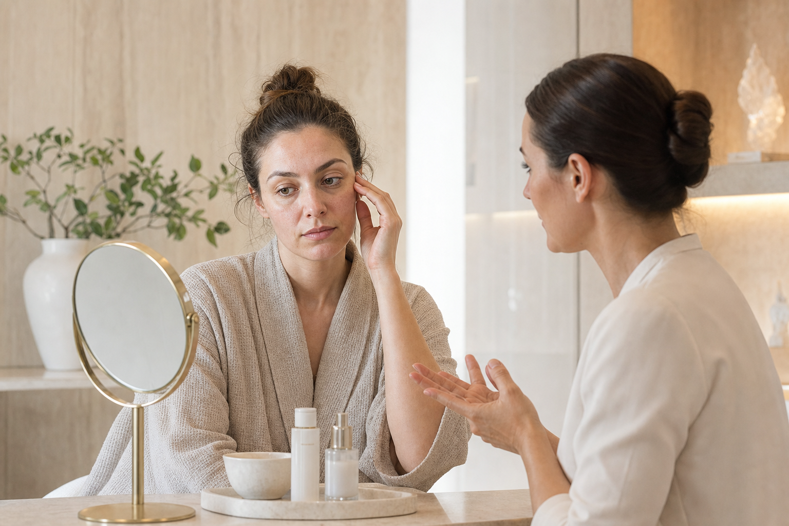Tired-skin facial consultation reviewing dullness, puffiness, dehydration, and recovery goals before treatment