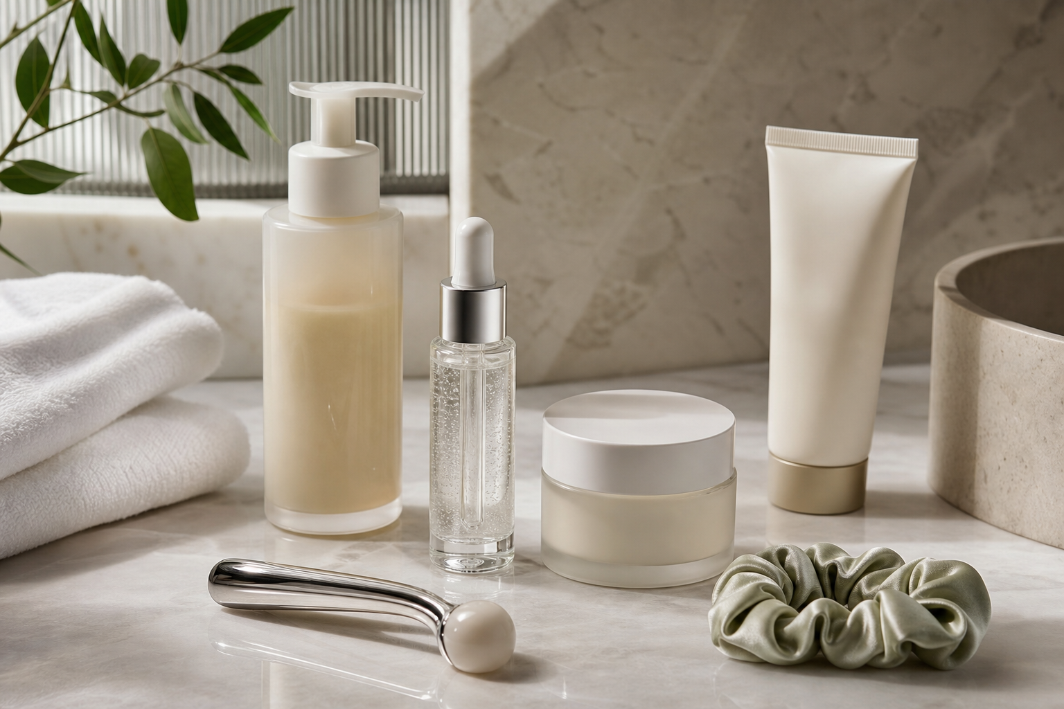 Tired-skin recovery routine with gentle cleanser, hydrating serum, moisturizer, cooling tool, and sunscreen on a clean counter