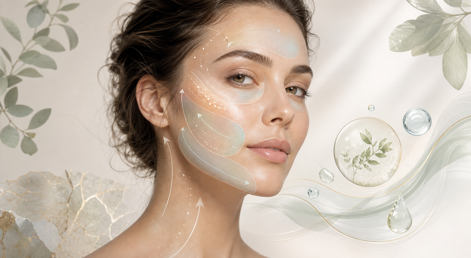 Educational facial illustration showing tired-skin recovery zones, hydration flow, and refreshed glow pathways