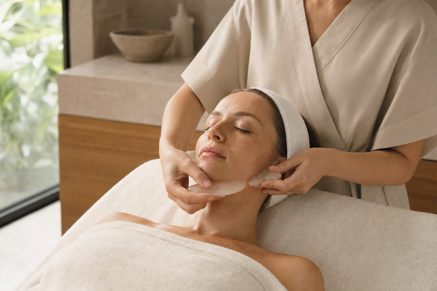 Premium restorative facial for tired skin with gentle therapist hand placement and cooling massage tools