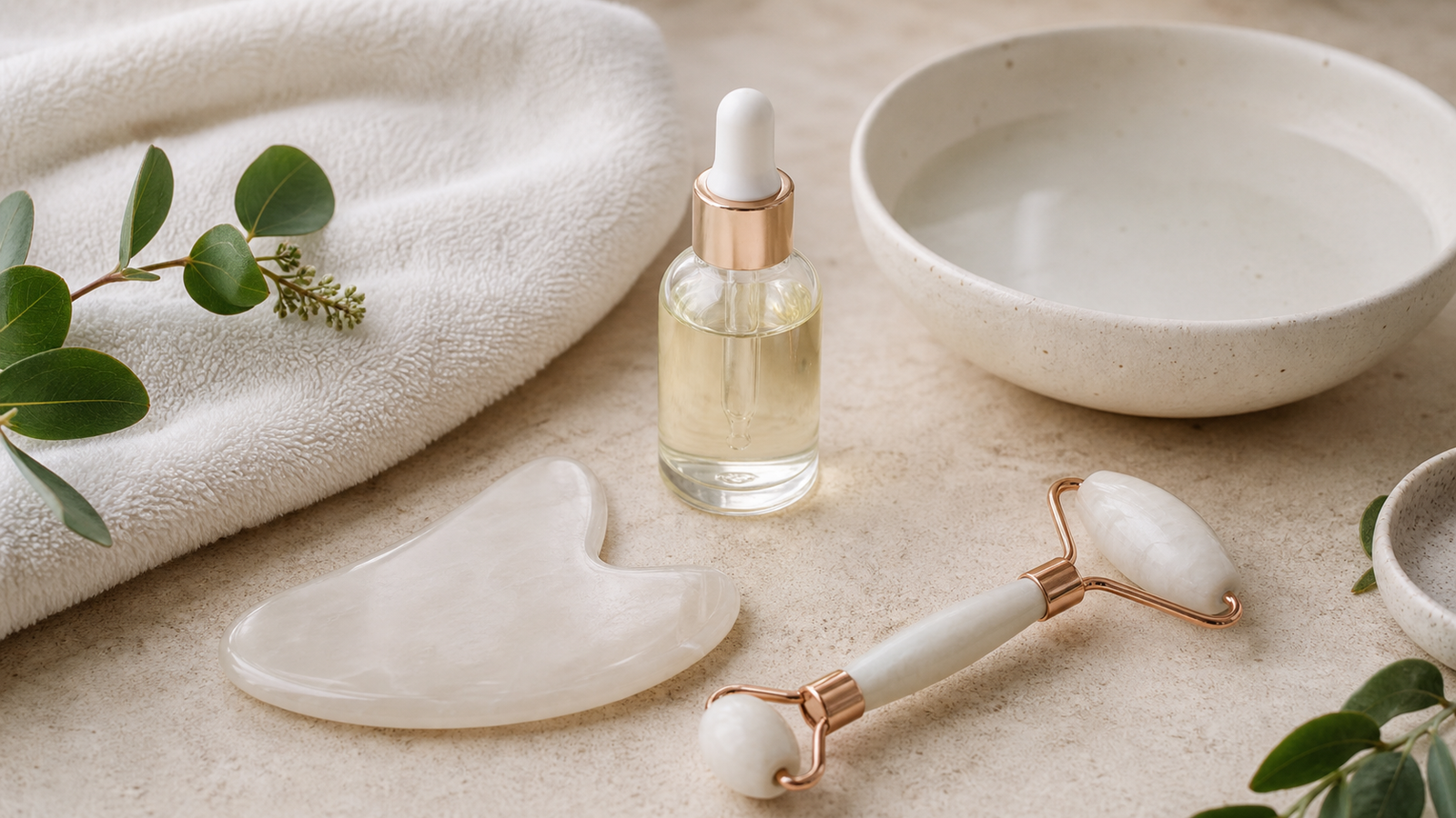 Luxury gua sha and skincare setup for facial massage and lymphatic drainage