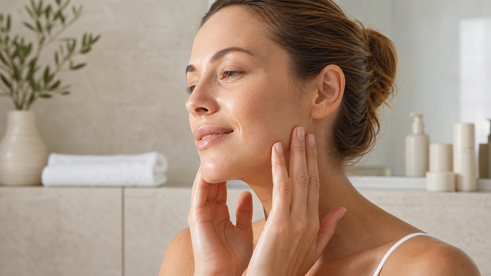 At-home facial massage routine applying serum along the jawline for de-puffing