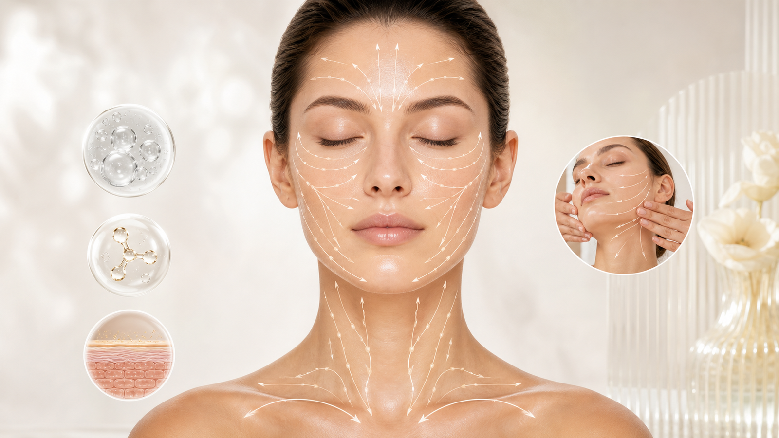 Facial lymphatic drainage illustration showing gentle massage pathways for glow skin