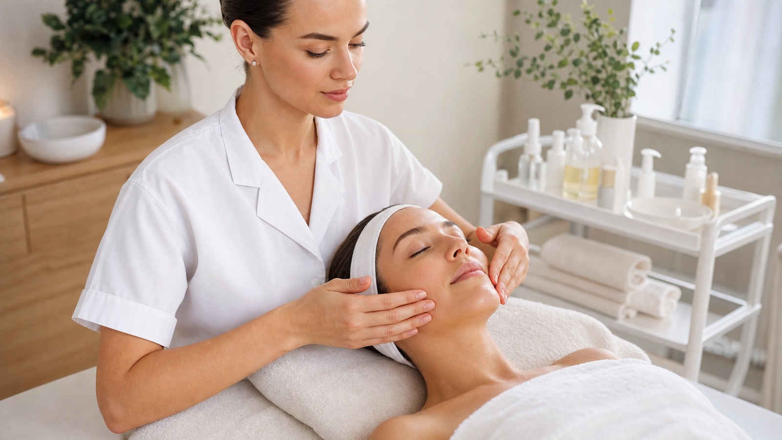 Premium spa facial lymphatic drainage treatment with gentle therapist hand pressure