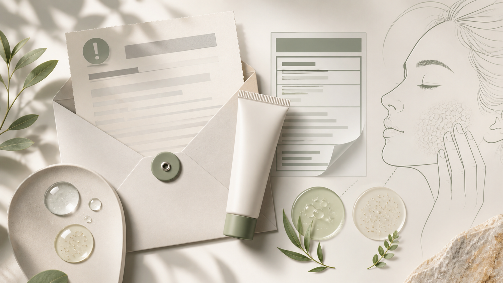 Educational illustration showing an acne product warning letter, label-reading cues, ingredient textures, and barrier-aware shopping decisions