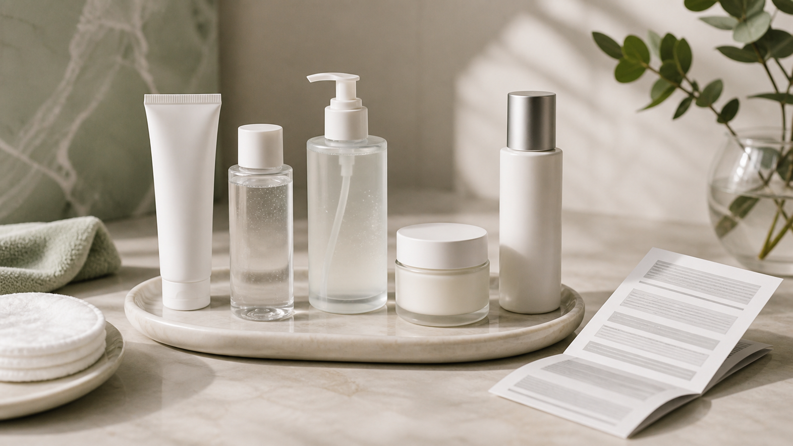 Premium acne routine still life with cleanser, treatment product, moisturizer, sunscreen, and a Drug Facts-style leaflet silhouette