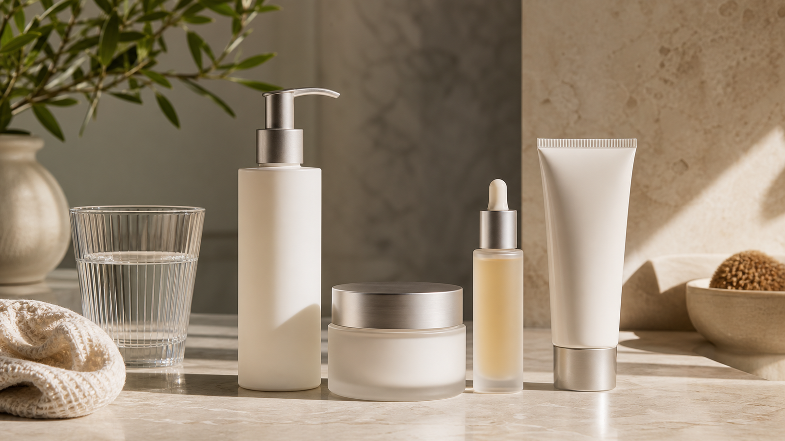 Premium skincare routine with gentle cleanser, ceramide moisturizer, sunscreen, and a minimal barrier-support setup