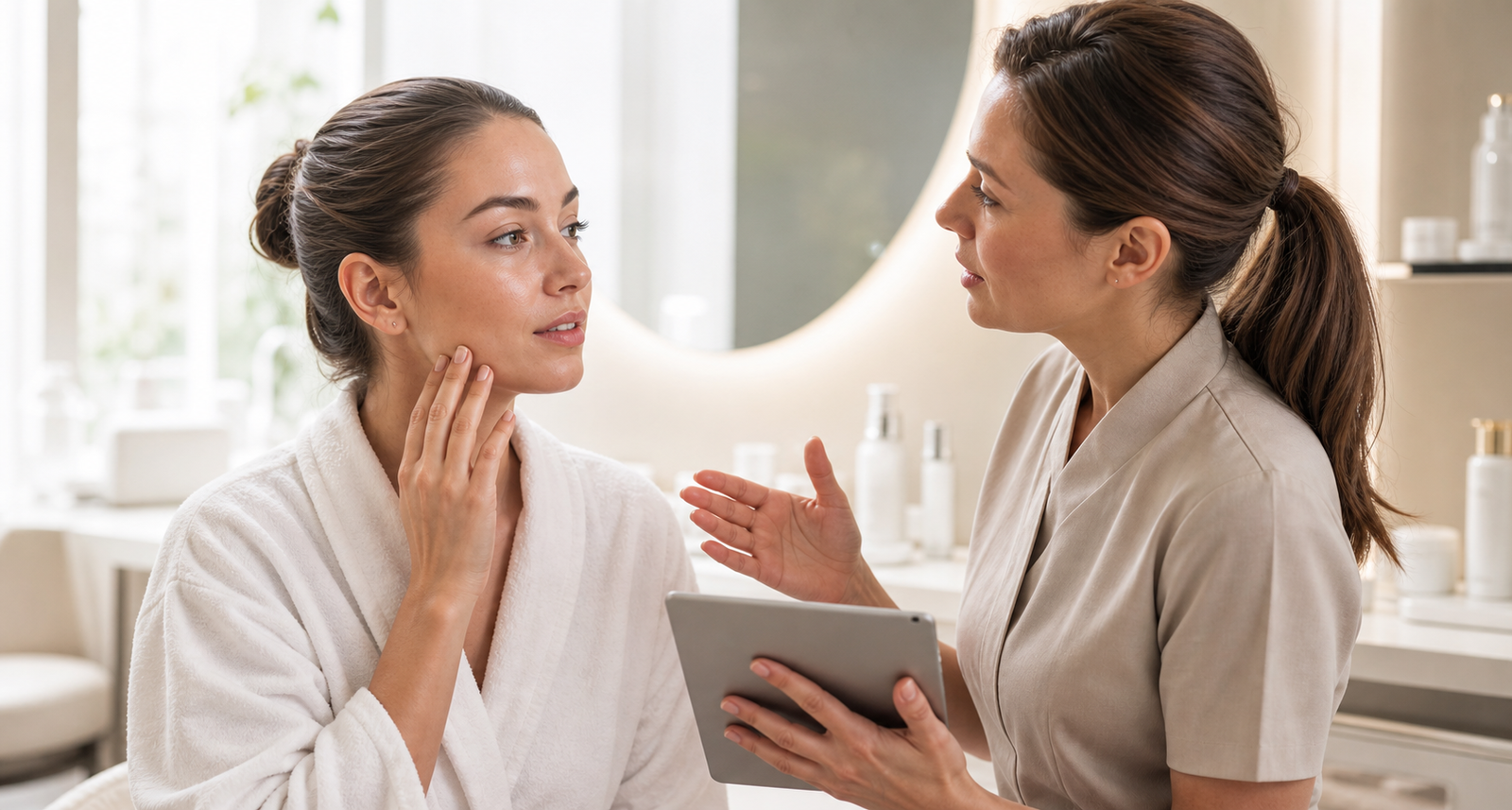 Oily-skin facial consultation with therapist reviewing pores, shine, and hydration goals before treatment