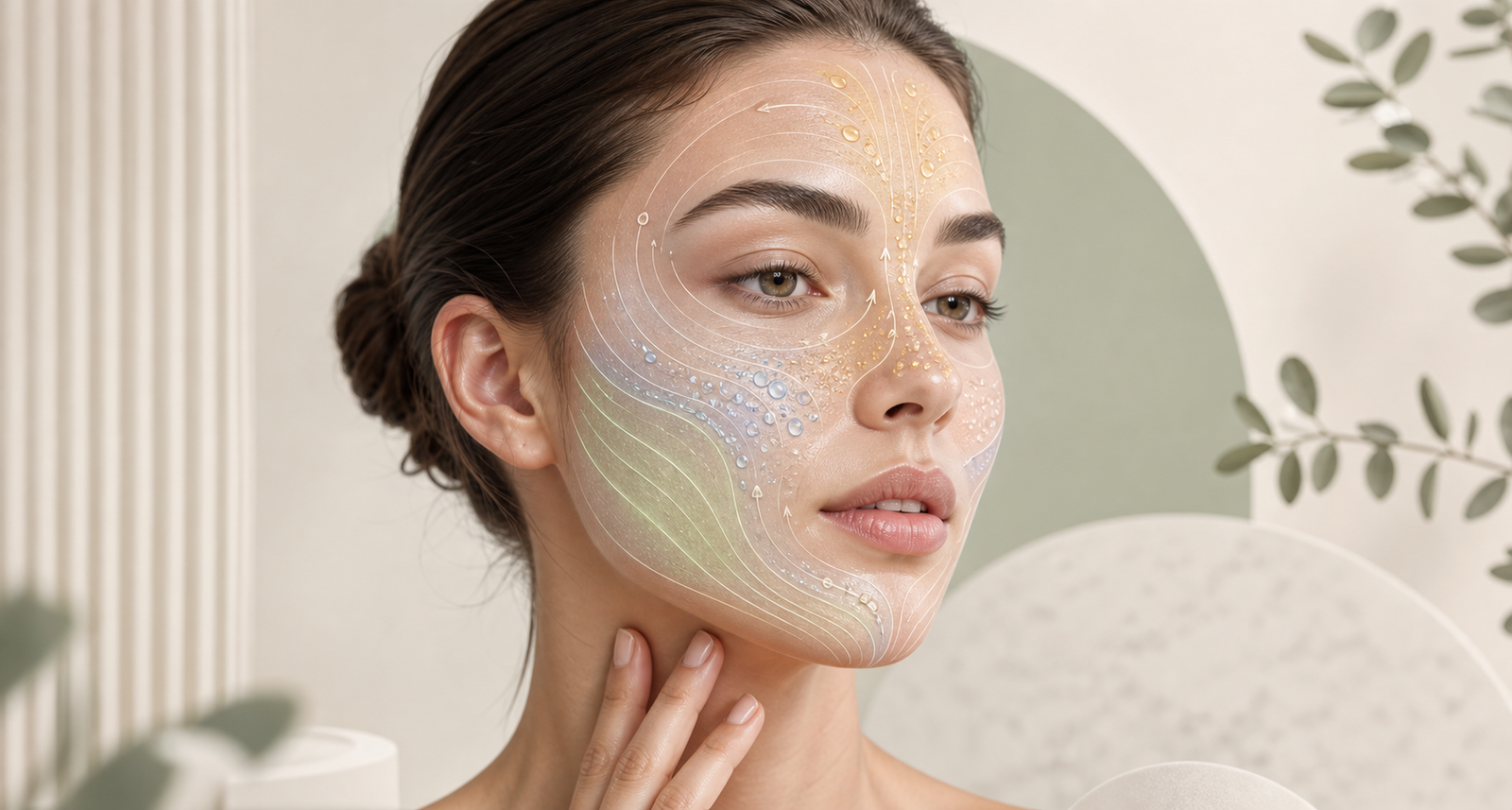 Educational hydrafacial illustration showing oily-skin zones, pore congestion, hydration channels, and calm extraction pathways