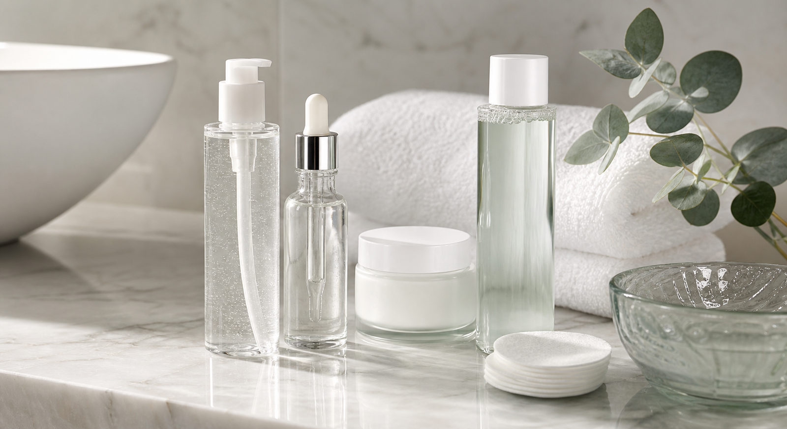 Lightweight oily-skin skincare setup with gel cleanser, serum, moisturizer, toner bottle, and cotton pads on a marble counter