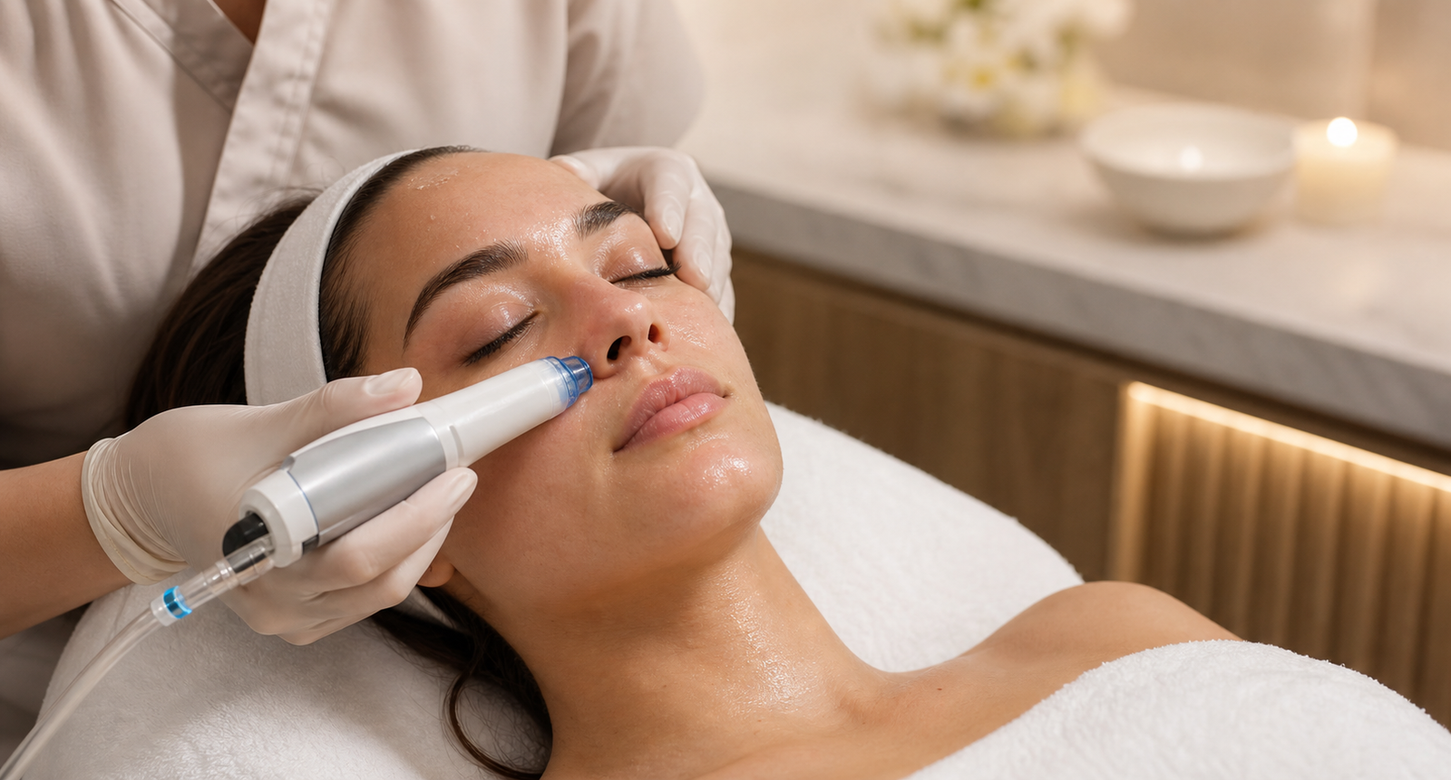 Premium hydrafacial-style treatment for oily skin with a gentle pore-cleansing wand on the cheek and nose area