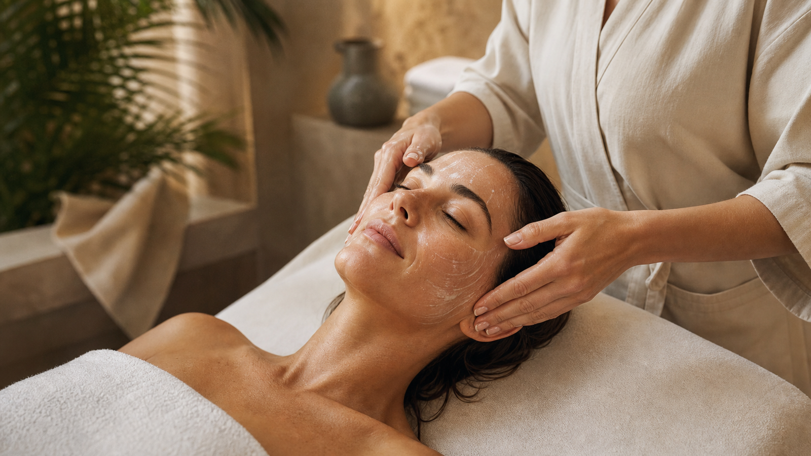 Esthetician performing a gentle classic facial massage with hydrating cream