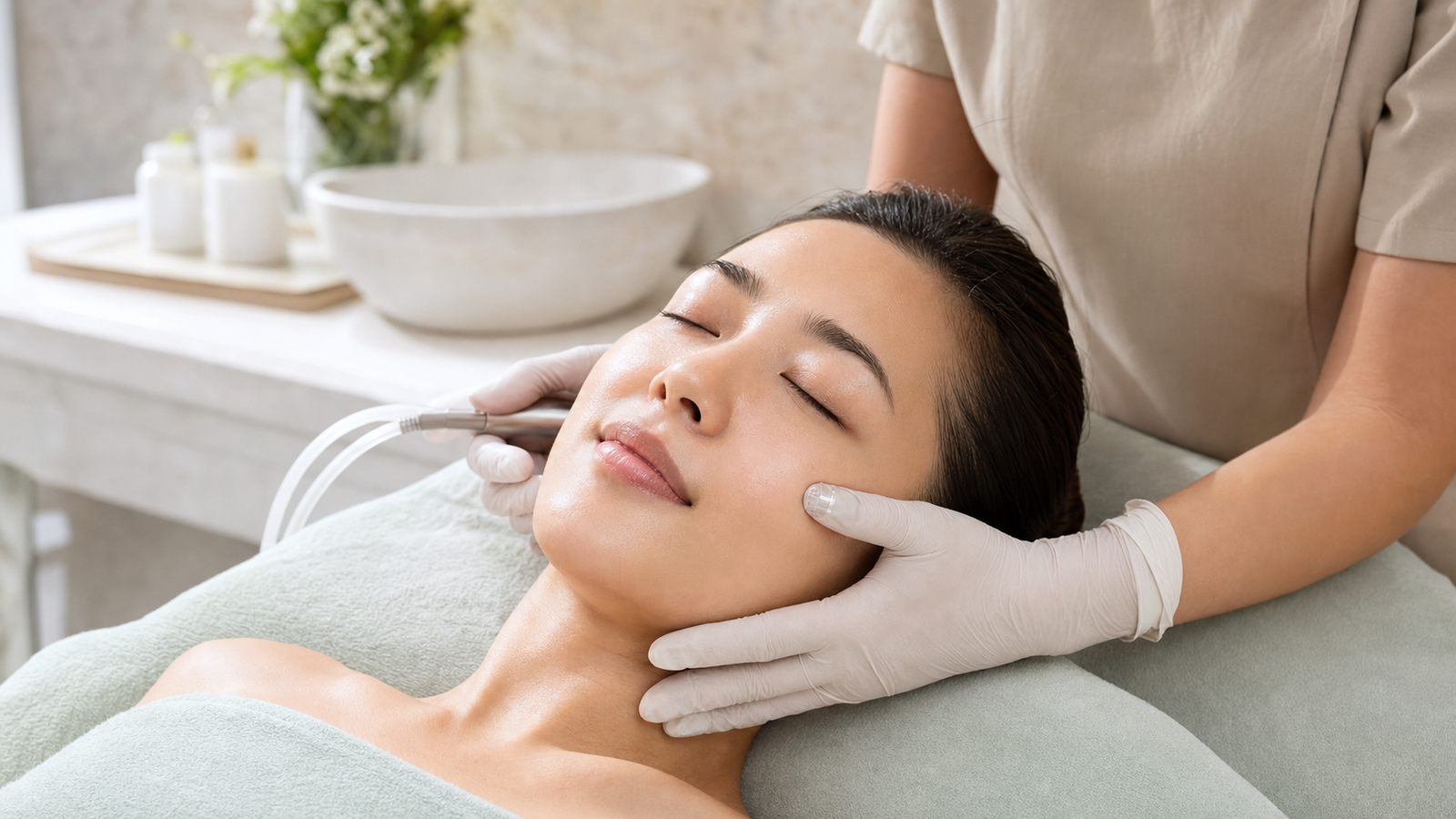 Esthetician performing a premium hydradermabrasion facial with a clear treatment tip