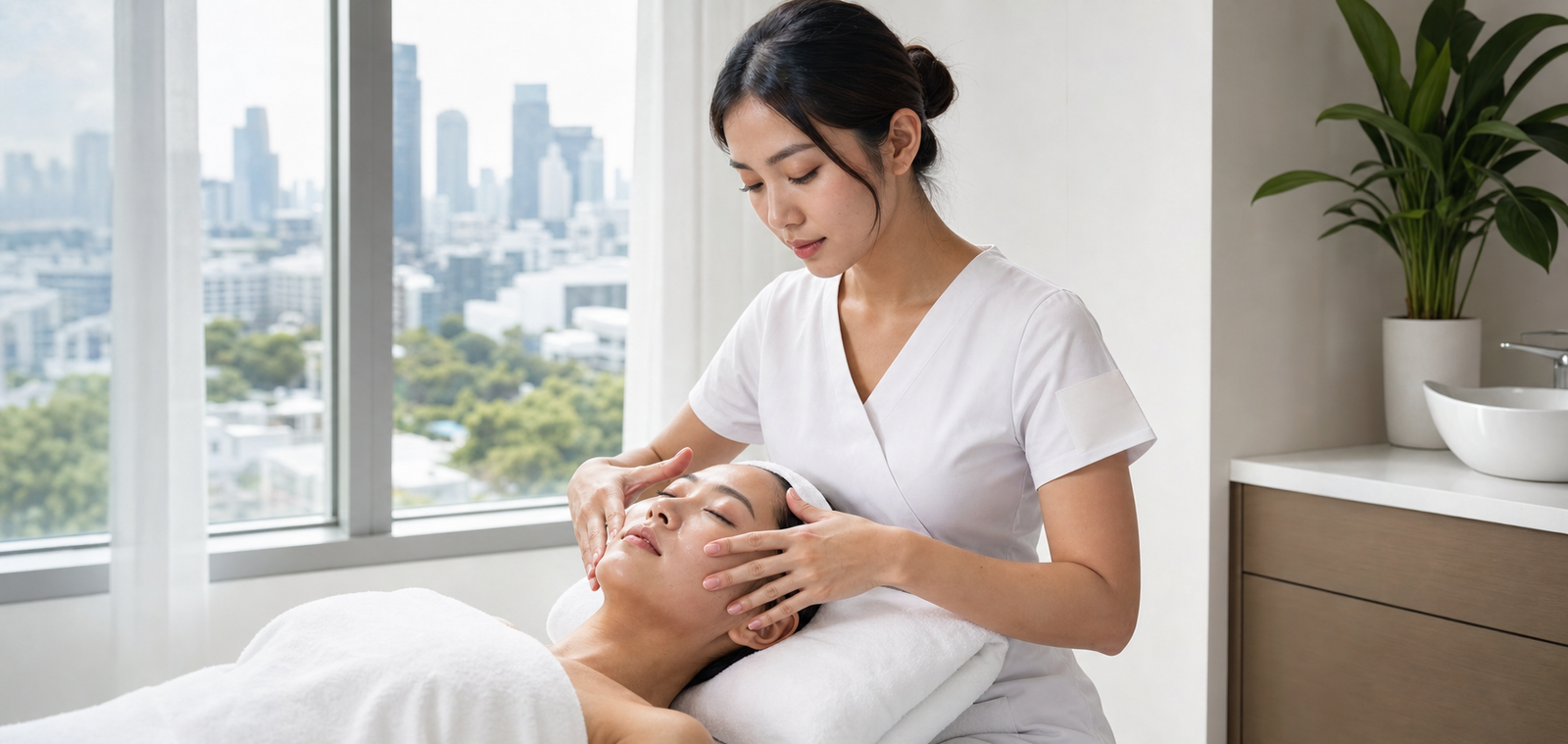 Premium mature-skin facial consultation with therapist explaining a calm massage-based treatment plan