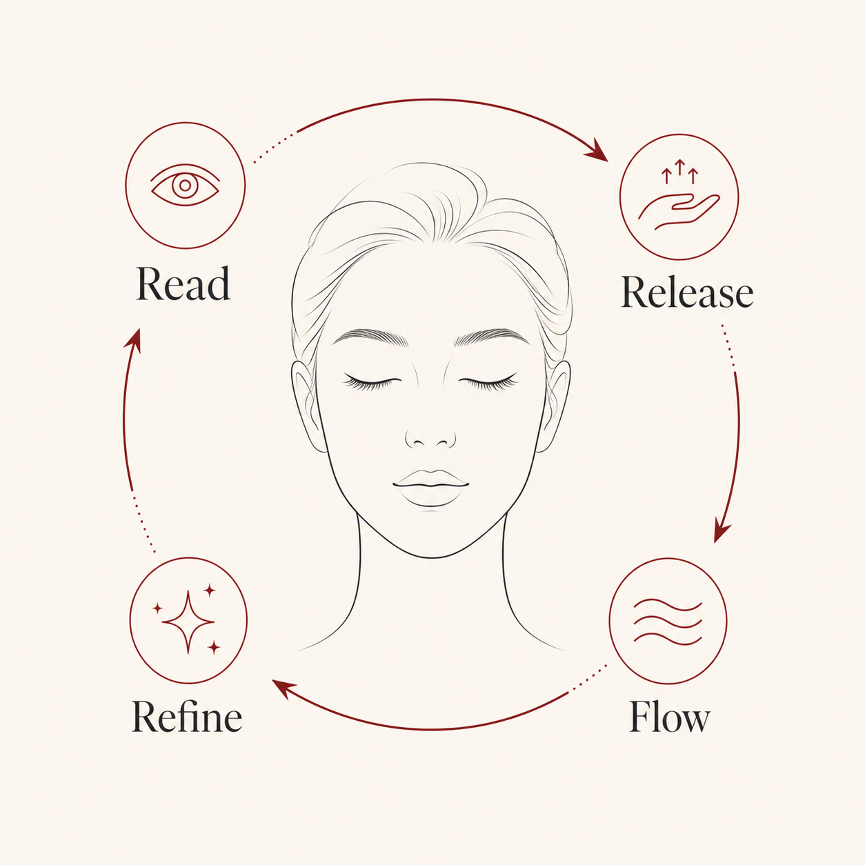 Educational kobido facial illustration showing release, refine, lift, and flow pathways for mature skin