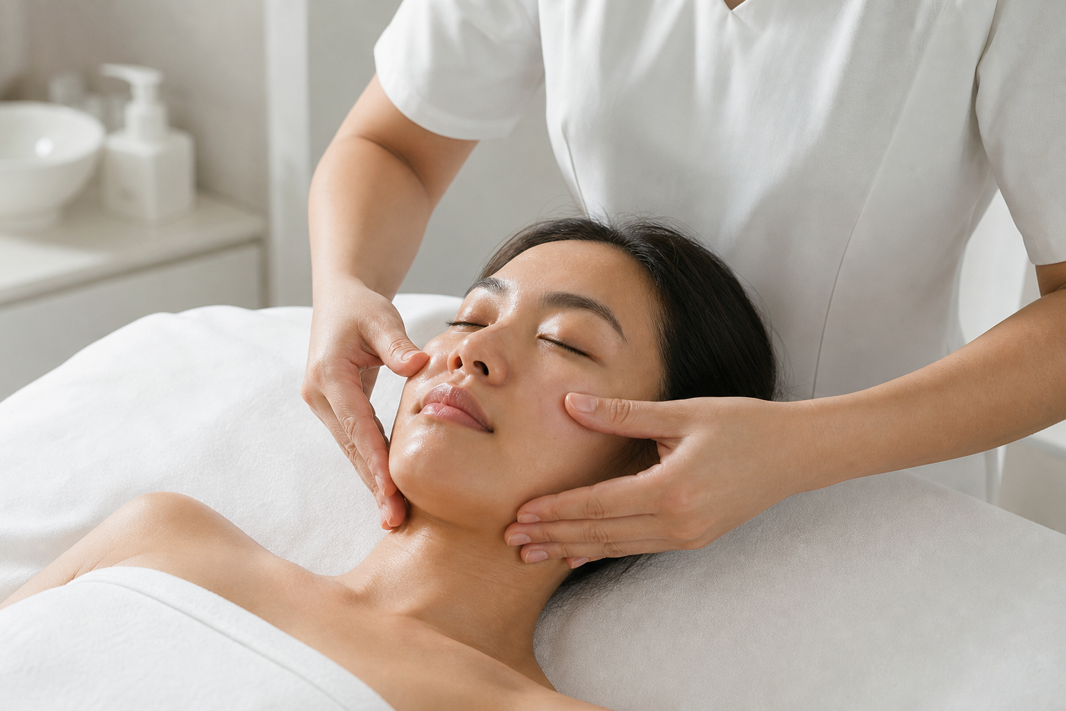 Kobido-inspired facial massage for mature skin with gentle cheek and jawline pressure in a premium spa
