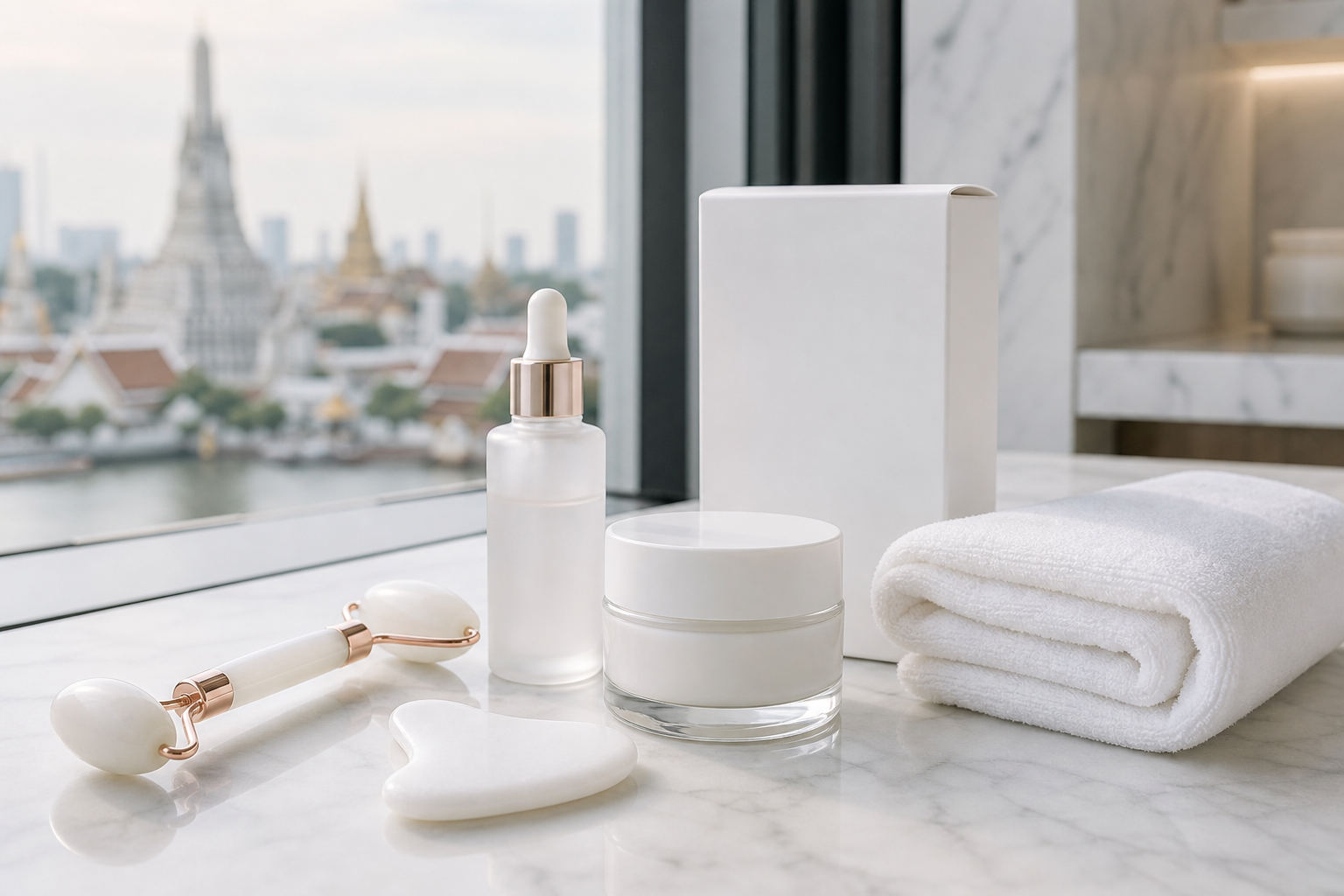 Premium kobido facial setup with facial oil, moisturizer, towel, and stone tools on a marble counter