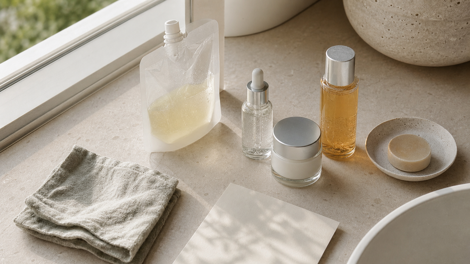 Premium lower-waste skincare routine with glass, aluminum, refill packaging, and a simple product selection