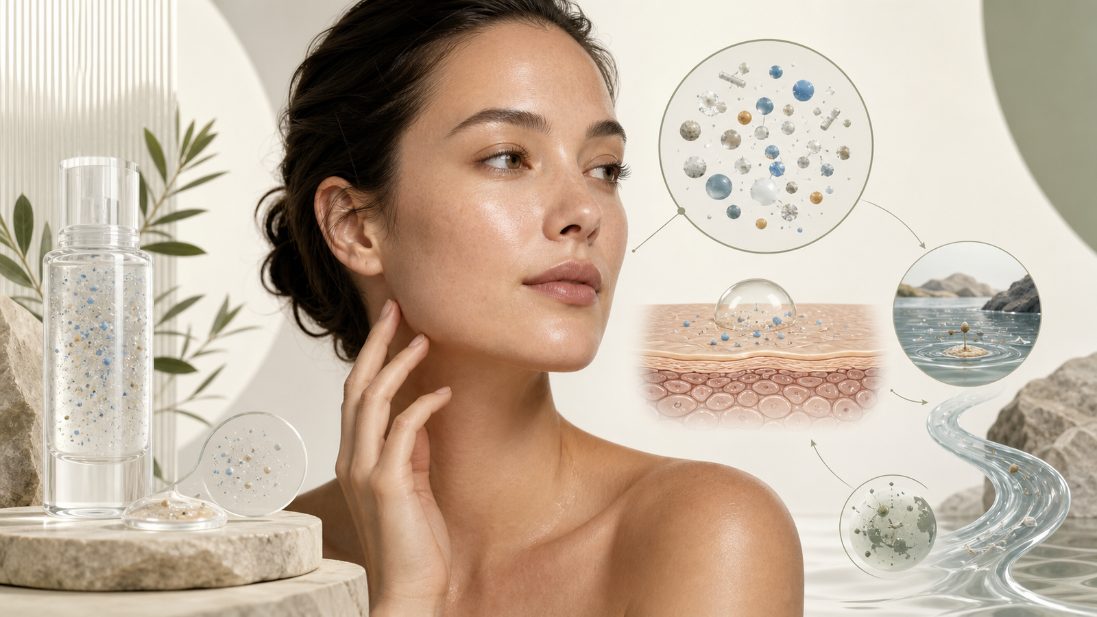 Educational illustration connecting skincare particles, the skin barrier, packaging, and environmental water pathways