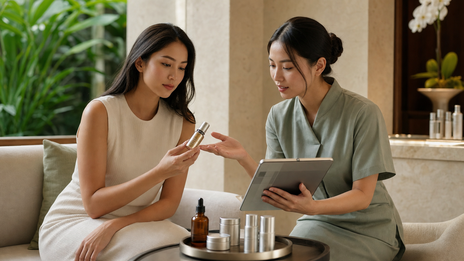 Client and esthetician reviewing skincare ingredients and packaging choices during a premium consultation