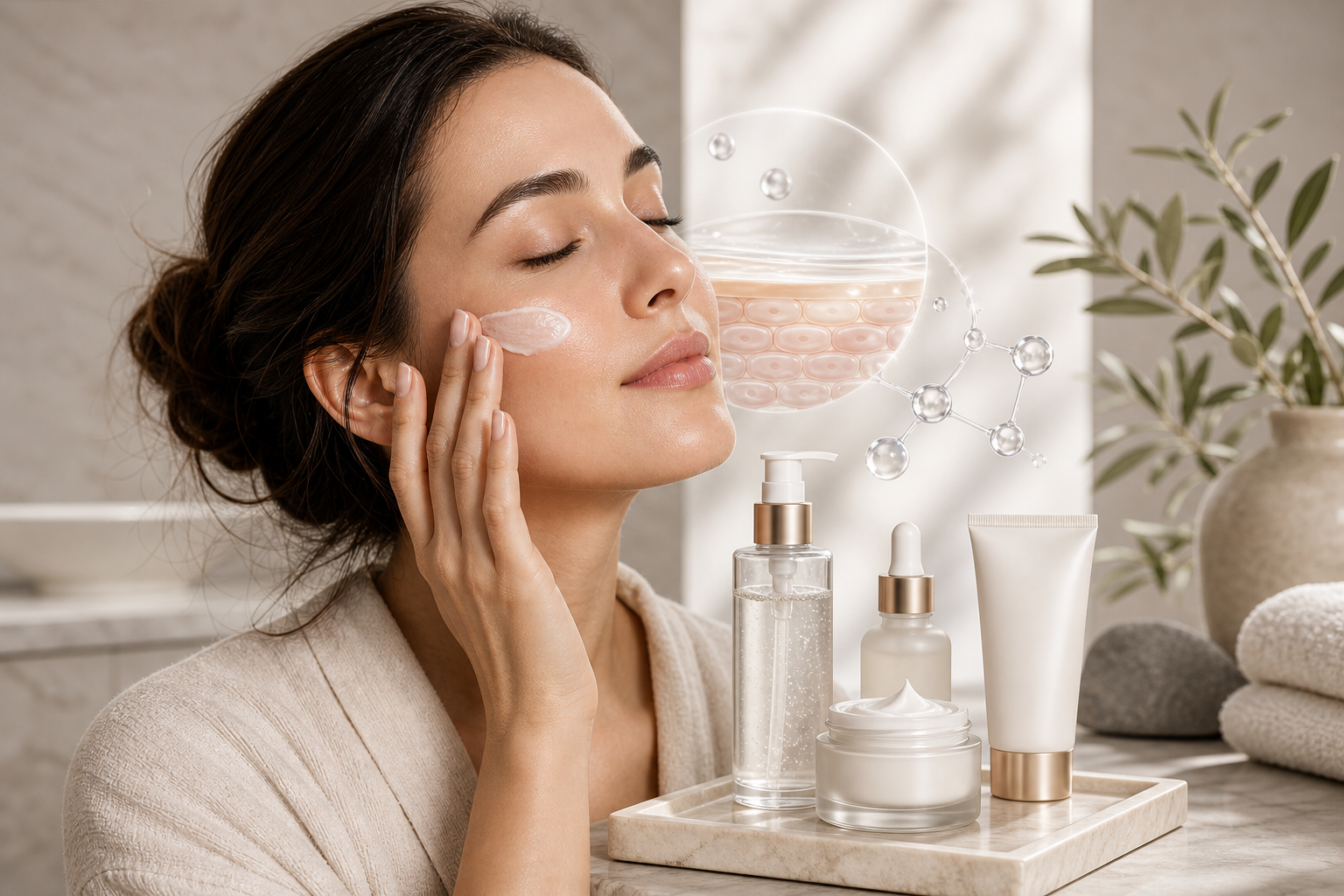 Professional skincare image for a skin barrier repair routine with moisturizer, cleanser, sunscreen, and calm sensitive skin care