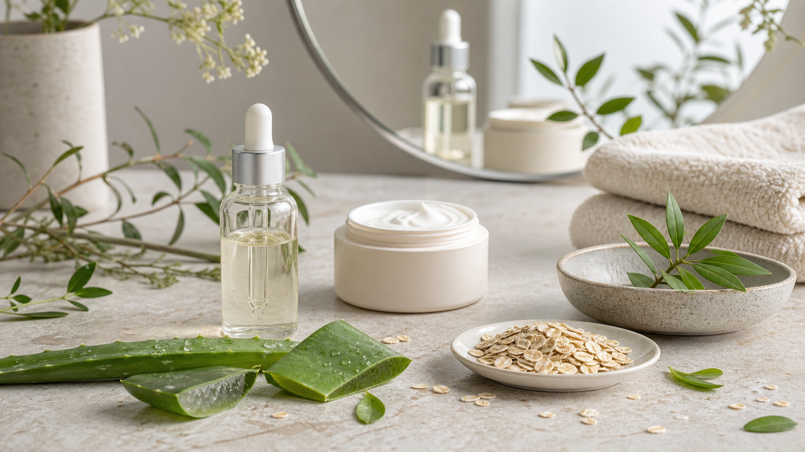 Premium vegan and organic skincare still life with unlabeled serum, cream, aloe, oats, leaves, and clean towels