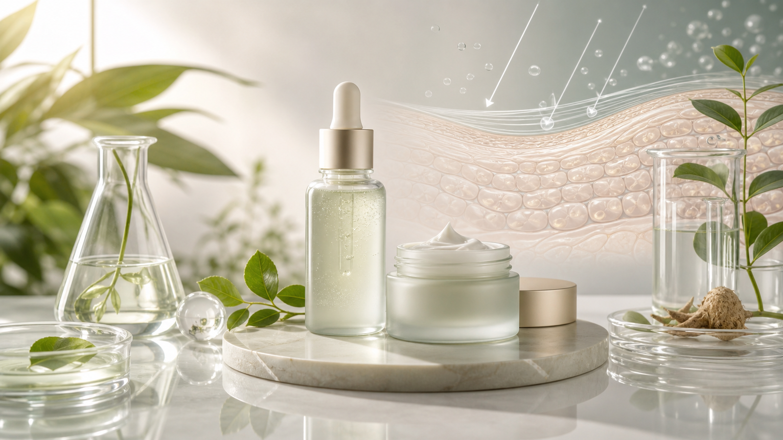 Premium vegan skin care editorial illustration with botanical ingredients, serum, cream, lab glass, and a skin barrier motif