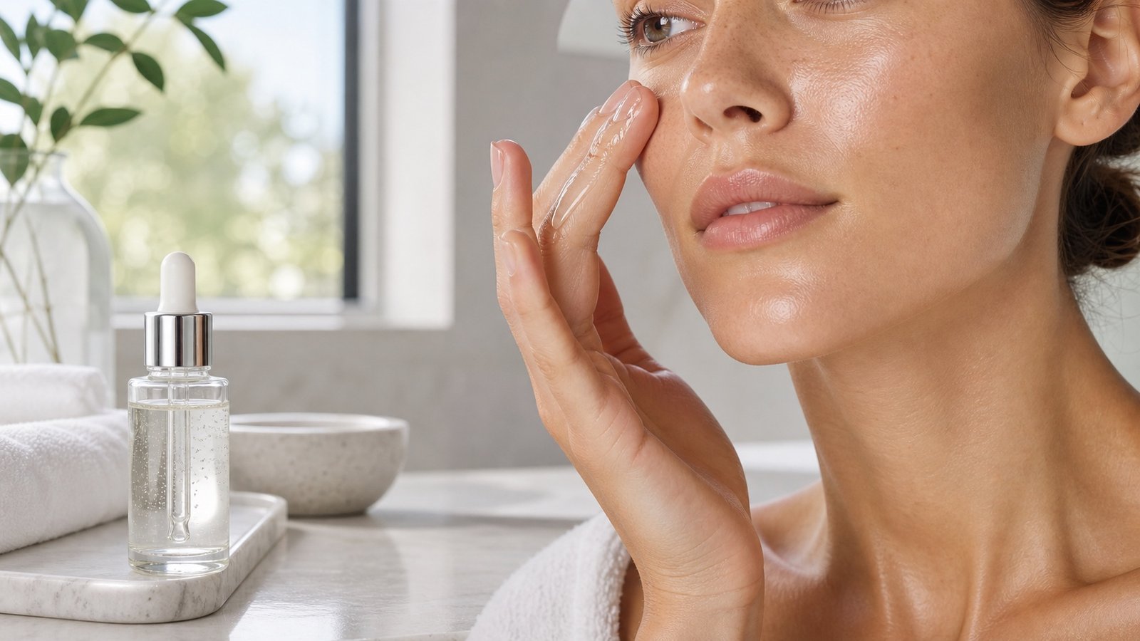 Minimal vegan serum applied to natural healthy skin